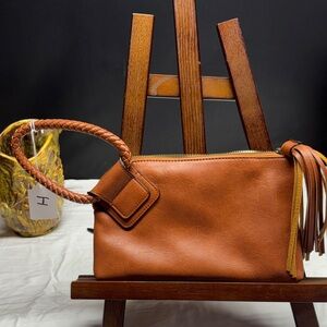 Chic Tan Leather Wristlet with Braided Handle